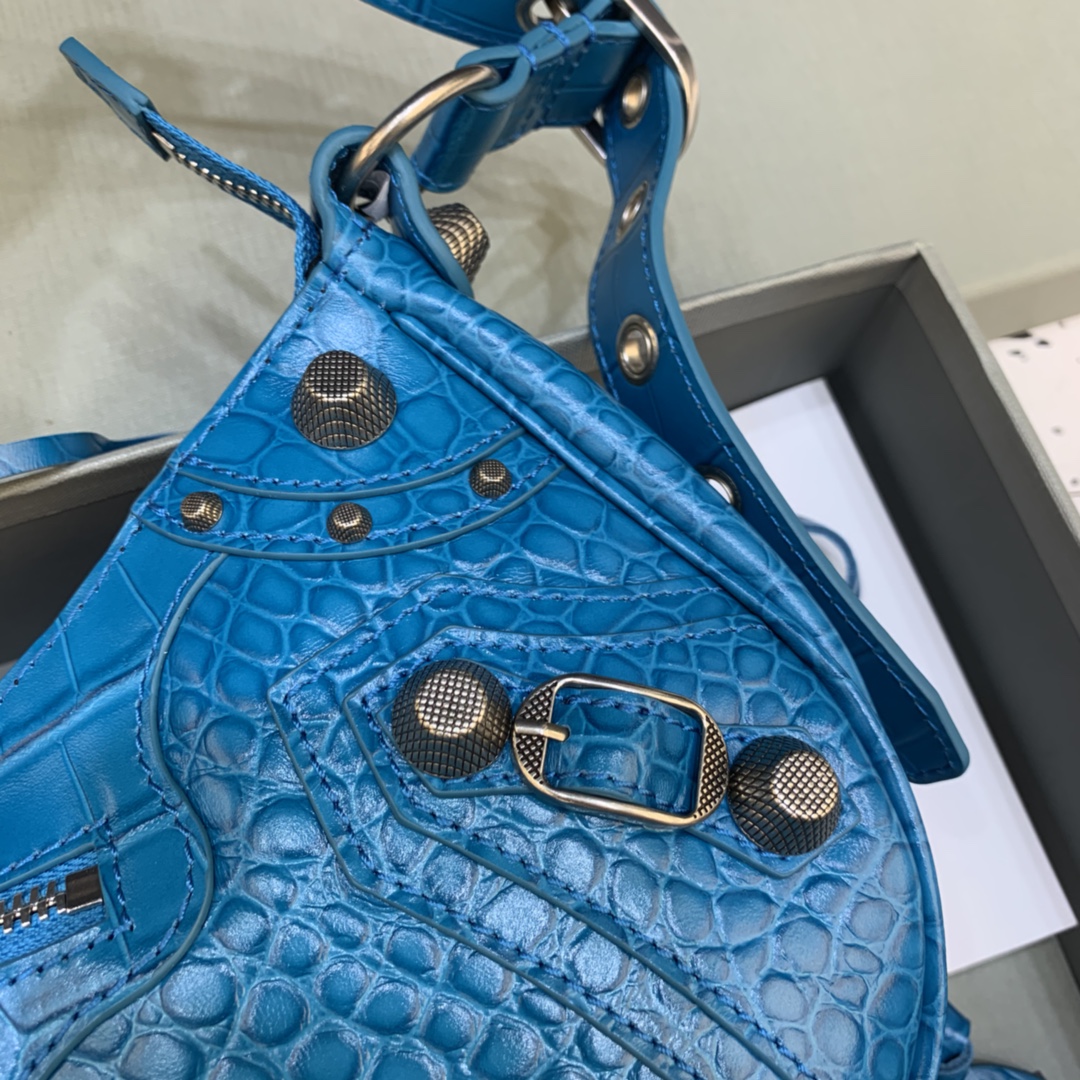 Balenciaga Le Cagole Small Shoulder Bag Crocodile Embossed Blue